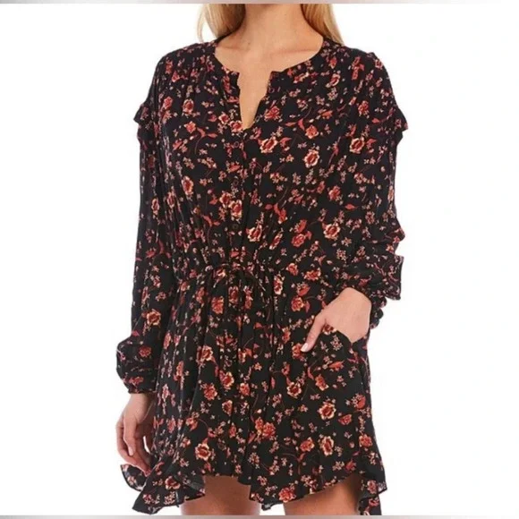 Free People | Flower Fields Black & Orange Floral Print Long Sleeve Mini Dress M - Picture 4 of 16